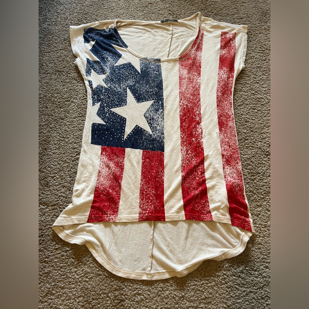 Rayon Stars and Stripes Flag Embellshed Top Red Cream Blue Small